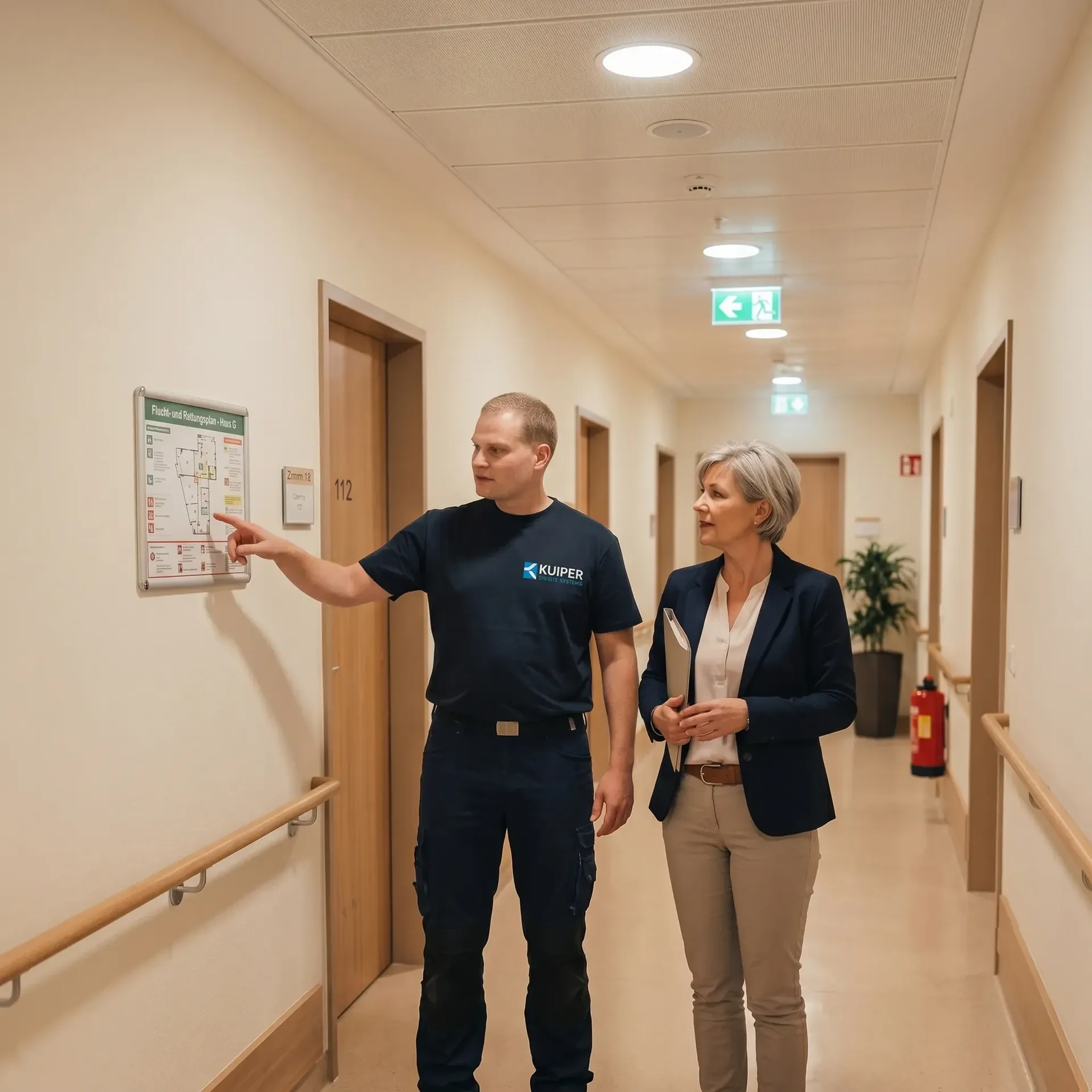 Regelmäßige Begehungen mit dokumentierten Ergebnissen — Björn Kuiper mit Kundin im Pflegeheim